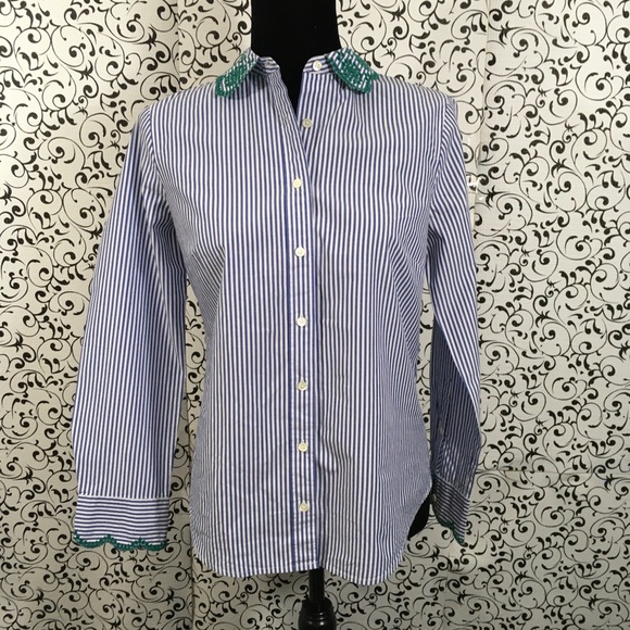 J. Crew Tops - J.Crew Stripe Shirt with Green Eyelet Trim